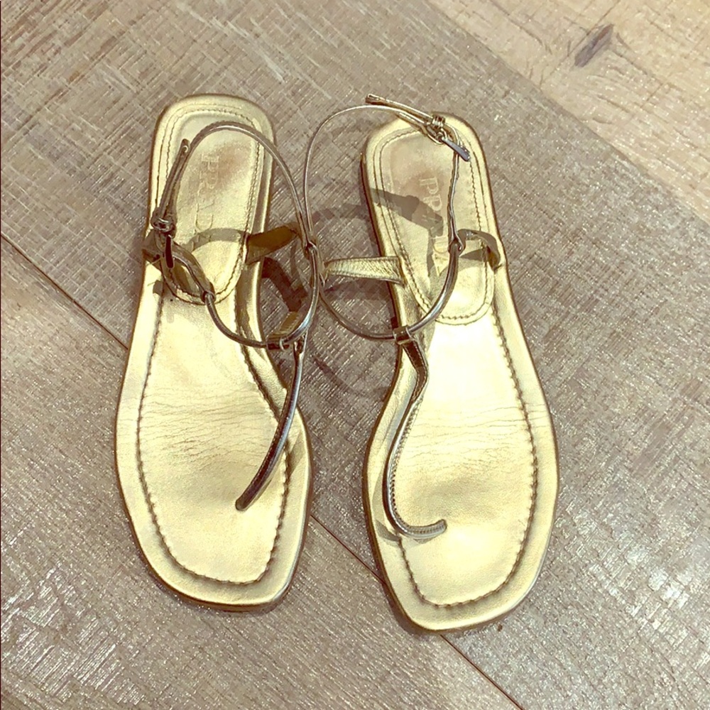 Ladies Prada patent leather gold thong sandals